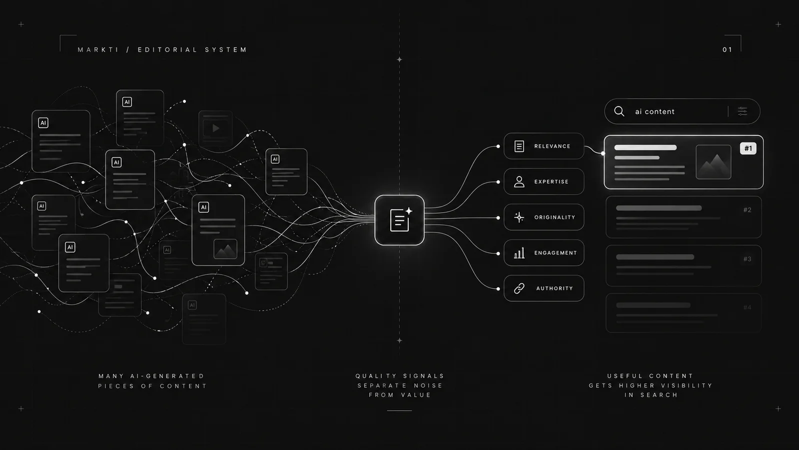 Minimal dark-mode SaaS editorial illustration representing ai content ranking pipeline