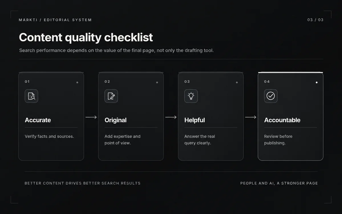 The content quality checklist prioritizes accuracy, original value, clear intent and accountability.